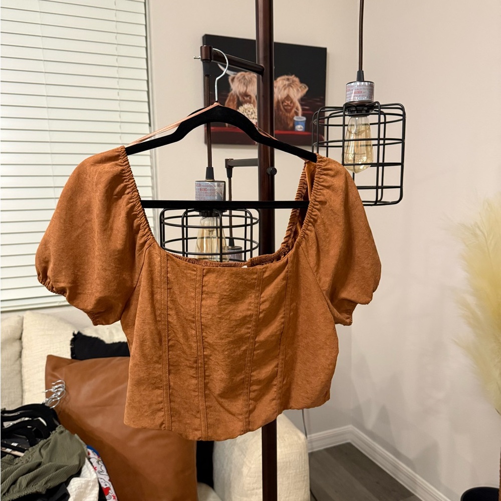 Elegant Puff Sleeve Crop Top in Rust